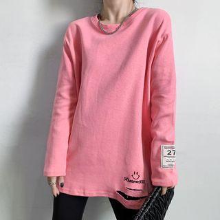Long-sleeve Smiley Face Embroidered Distressed T-shirt