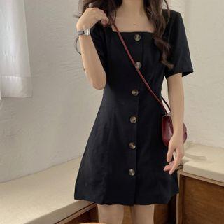 Short-sleeve Square-neck A-line Dress Black - One Size