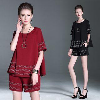 Set: A-line Short-sleeve Rhinestone Top + Shorts