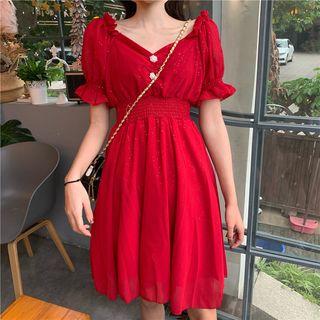 Gathered Waist Ruffled Plain Chiffon Dress