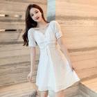 Short-sleeve Rhinestone Drawstring A-line Eyelet Lace Dress