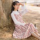 Ruffled Blouse / Floral Print Overall Dress / Set