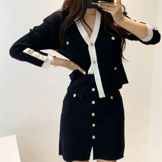 Set: Contrast Trim Cardigan + Buttoned Mini Knit Skirt