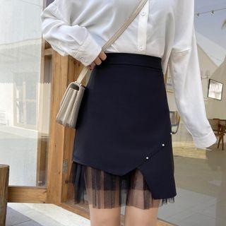 Mesh Panel Studded A-line Skirt