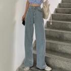 Washed Wide Leg Jeans / Short-sleeve Gingham Shirred Blouse