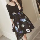 Mock Two-piece 3/4-sleeve Floral Print A-line Dress