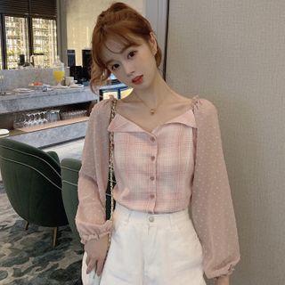 Long-sleeve Mesh Panel Plaid Blouse