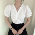 Puff-sleeve V-neck Twisted Blouse