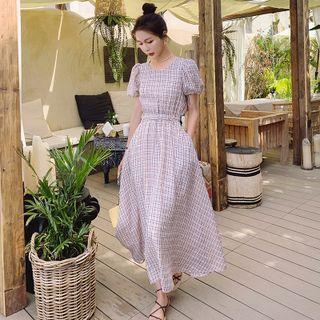 Puff-sleeve Open-back Plaid Midi A-line Dress