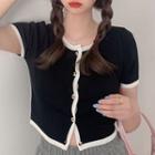 Contrast Trim Short-sleeve Cropped Knit Cardigan