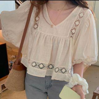 Puff-sleeve V-neck Chiffon Blouse Almond - One Size