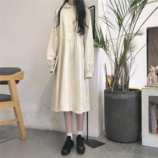Long-sleeve Plain Shirt Dress Almond - One Size