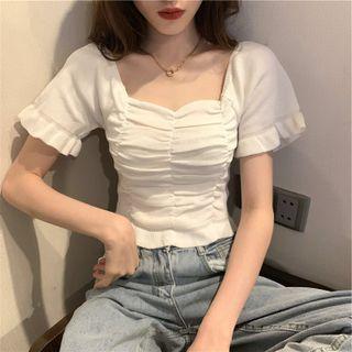 Short-sleeve Ruched Frill Trim Knit Top