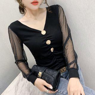 Balloon-sleeve Rhinestone Paneled Blouse