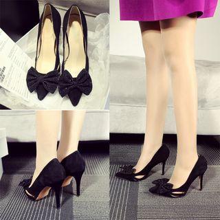 Genuine-leather High Heel Bow-accent Pumps