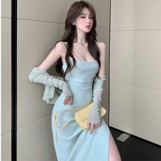 Spaghetti Strap Slit-hem Midi Sheath Dress / Cropped Cardigan