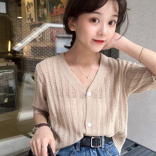 Short-sleeve V-neck Open Knit Cardigan