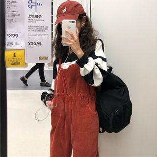 Striped V-neck Loose-fit Sweatshirt / Corduroy Jumper Pants