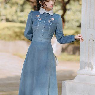 Long-sleeve Floral Embroidery Corduroy Midi Dress