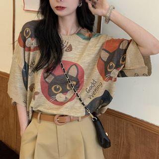 Short-sleeve Cat Print T-shirt / Plain Wide-leg Shorts