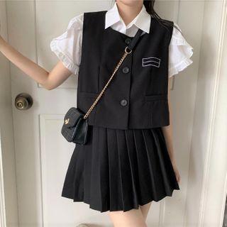 Short-sleeve Shirt / Button Vest / Mini A-line Pleated Skirt