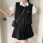 Short-sleeve Shirt / Button Vest / Mini A-line Pleated Skirt