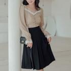 Set: Frill Trim Blouse + Pleated A-line Skirt