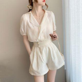 Set: Short Sleeve Notched Collar Shirt + Pleated Shorts