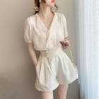 Set: Short Sleeve Notched Collar Shirt + Pleated Shorts