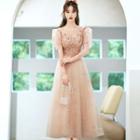 Puff-sleeve Embellished Mesh A-line Evening Gown (various Designs)