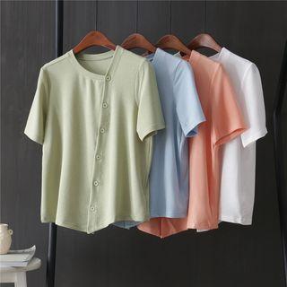 Diagonal Buttoned Short-sleeve Knit Top