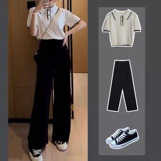 Set: Short Sleeve Knit Polo Top + Wide-leg Pants