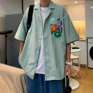 Flower Accent Striped Shirt