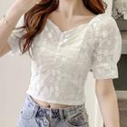 Puff-sleeve Floral Lace Crop Top