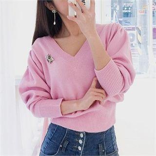 V-neck Puff-shoulder Knit Top