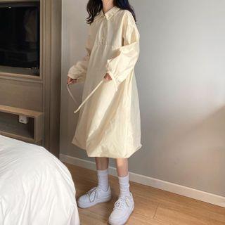 Plain Long-sleeve Midi A-line Dress Almond - One Size