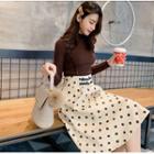 Set: Mock Neck Knit Top + Dotted Midi Skirt