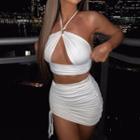 Set: Plain Halter Cut-out Cropped Top + Plain High-waist Mini Skirt