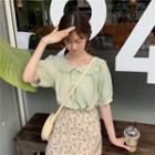 Ruffle Collar Short-sleeve Blouse / Floral Midi A-line Skirt