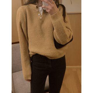 Collared Wool Blend Rib-knit Top