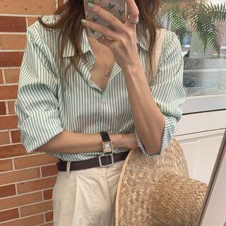Long-sleeve Striped Shirt Stripe - Green & White - One Size