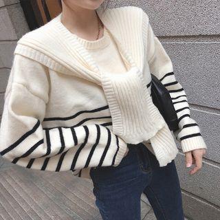 Set: Striped Sweater + Plain Knit Shawl