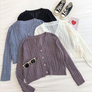 Plain V-neck Cable-knit Long-sleeve Cardigan