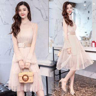 Set: Long-sleeve Embellished A-line Mesh Dress + Slipdress