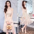 Set: Long-sleeve Embellished A-line Mesh Dress + Slipdress