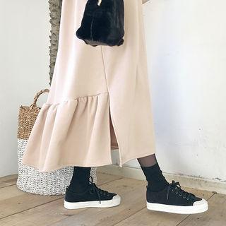Ruffle-hem Fleece-lined Maxi Pullover Dress