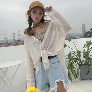 Set: Plain Stand-collar Long-sleeve Blouse + Plaid Sleeveless Top