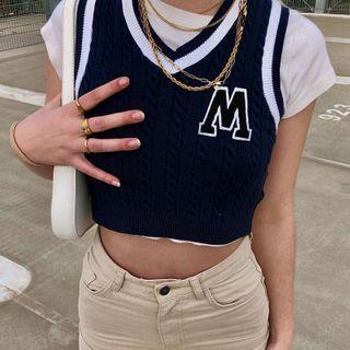 Contrast-trim Lettering Cropped Vest