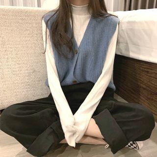 Plain Mock-neck Long-sleeve Top / Knit Vest