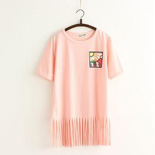 Short-sleeve Fringe Hem Long T-shirt